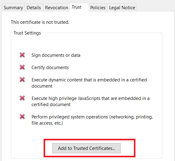 ADD TO TRUSTED CERTIFICATE