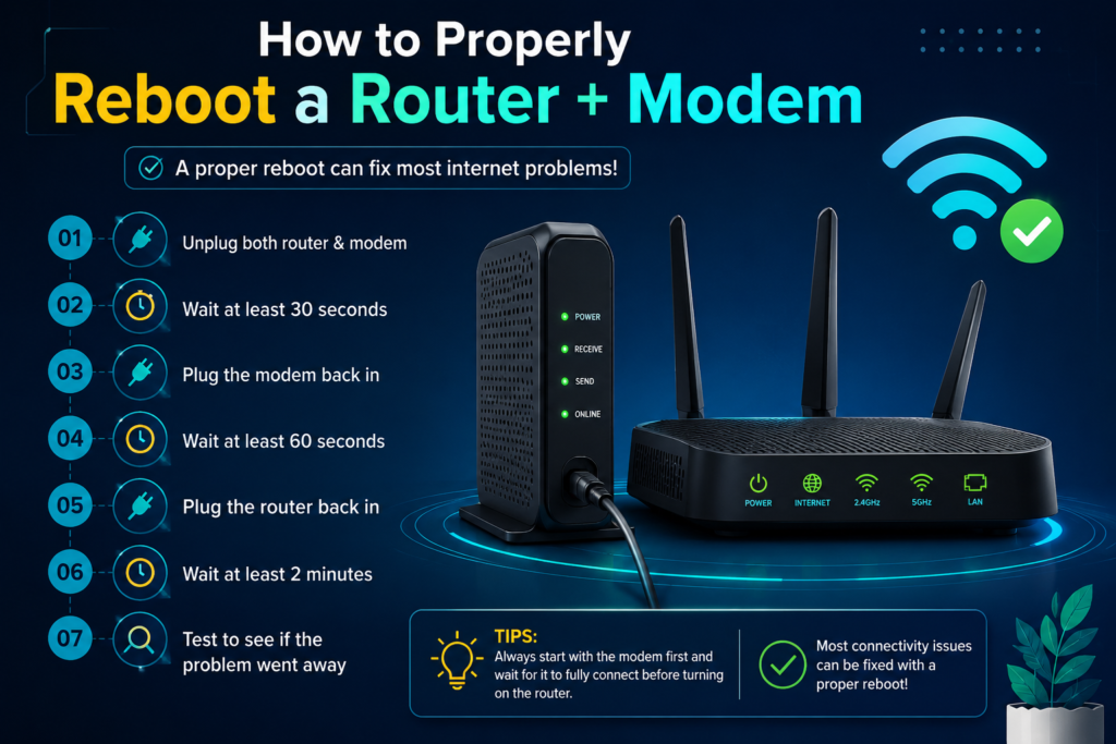 Infographic showing how to properly reboot a WiFi router and modem step by step to fix internet connection and WiFi connected but no internet issues.