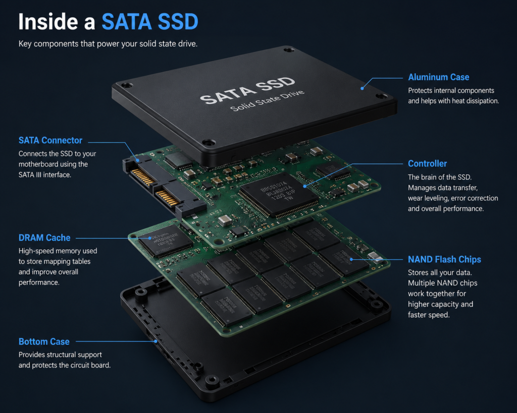 SATA SSD internal diagram showing controller, DRAM cache, and NAND chips