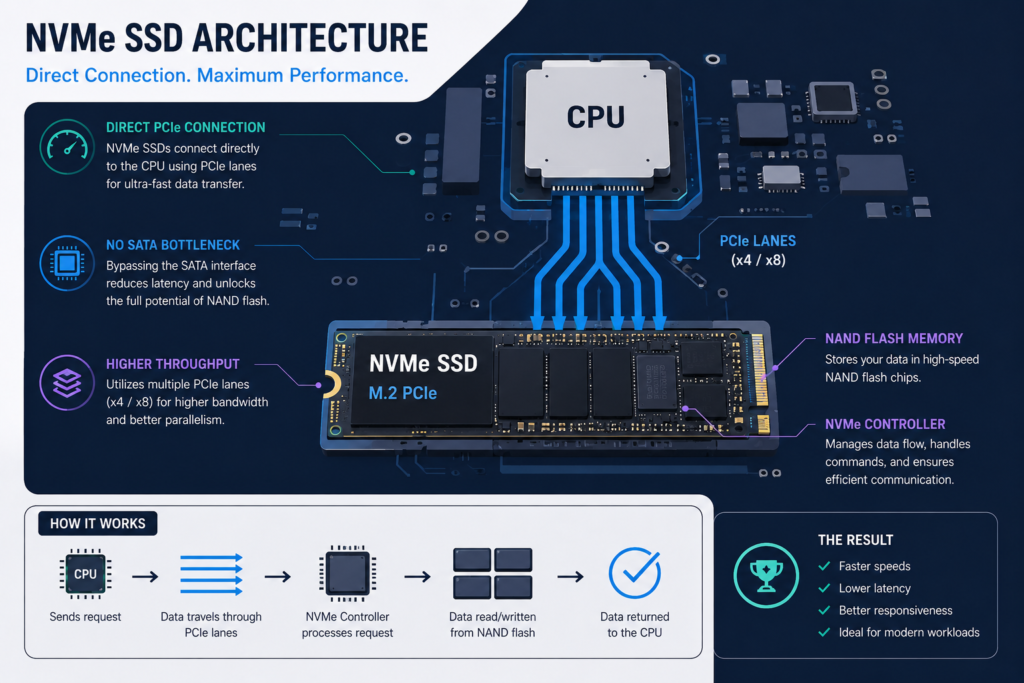 nvme ssd architecture : NVMe SSD architecture infographic with PCIe lanes connected directly to CPU]