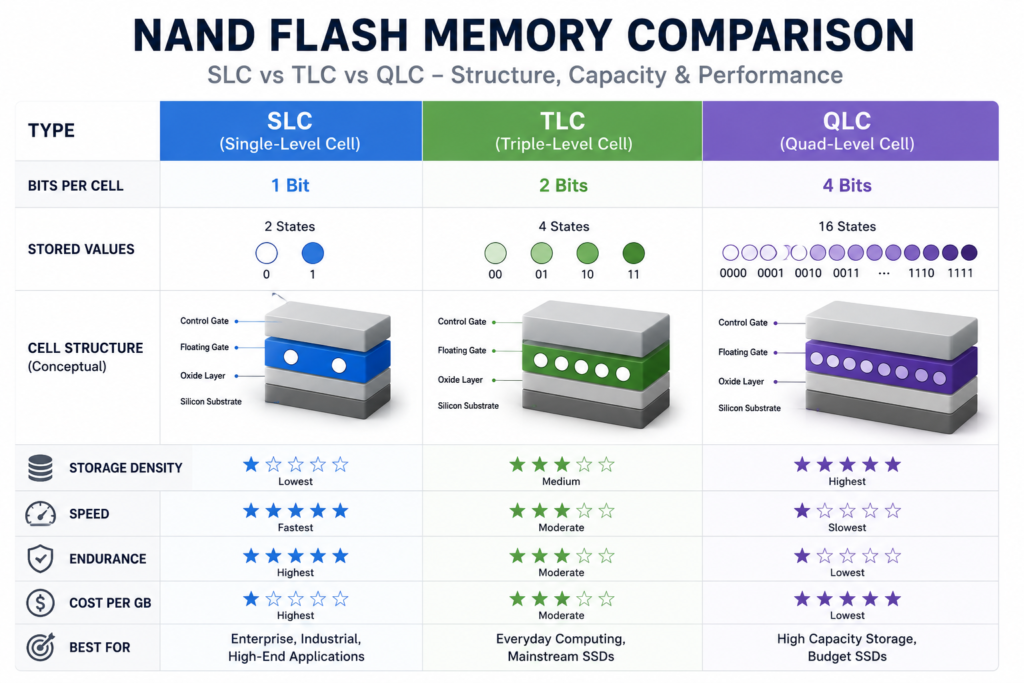 NAND flash comparison chart showing SLC, TLC, and QLC memory cells]
