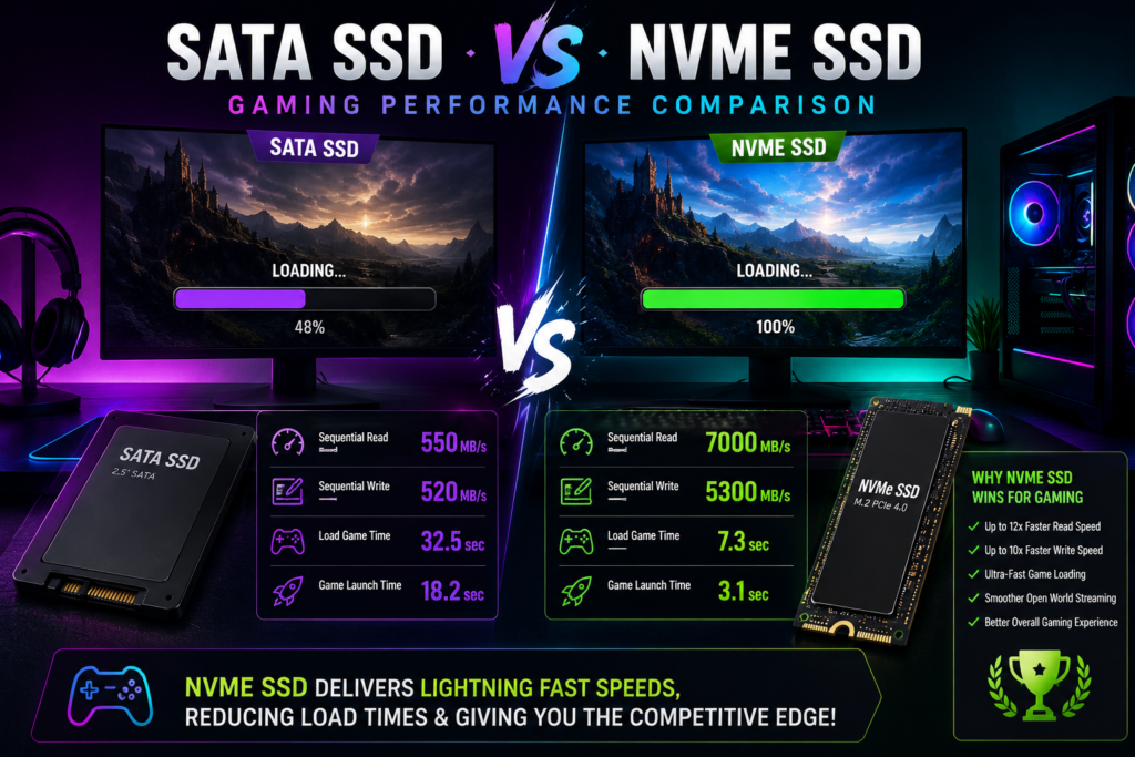 Gaming setup comparison showing SATA SSD vs NVMe SSD loading speeds