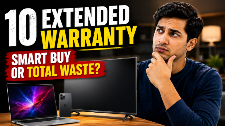 Man thinking about extended warranty for electronics with text smart buy or total waste