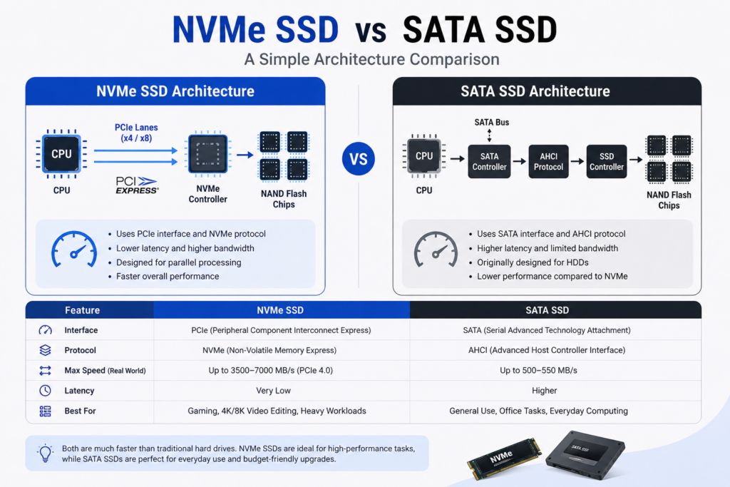 Minimal infographic comparing SATA SSD and NVMe SSD architecture with PCIe lanes and NAND chips