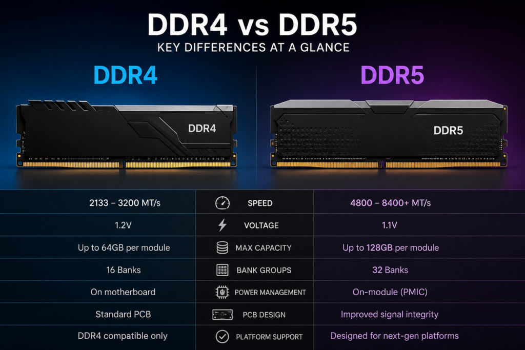 DDR4 and DDR5 RAM modules comparison